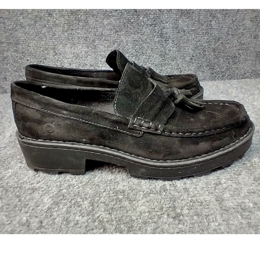 Born Womens Black Suede Tassel Loafers Lug Sole Chunky Heel Shoes BR0050109 8.5M